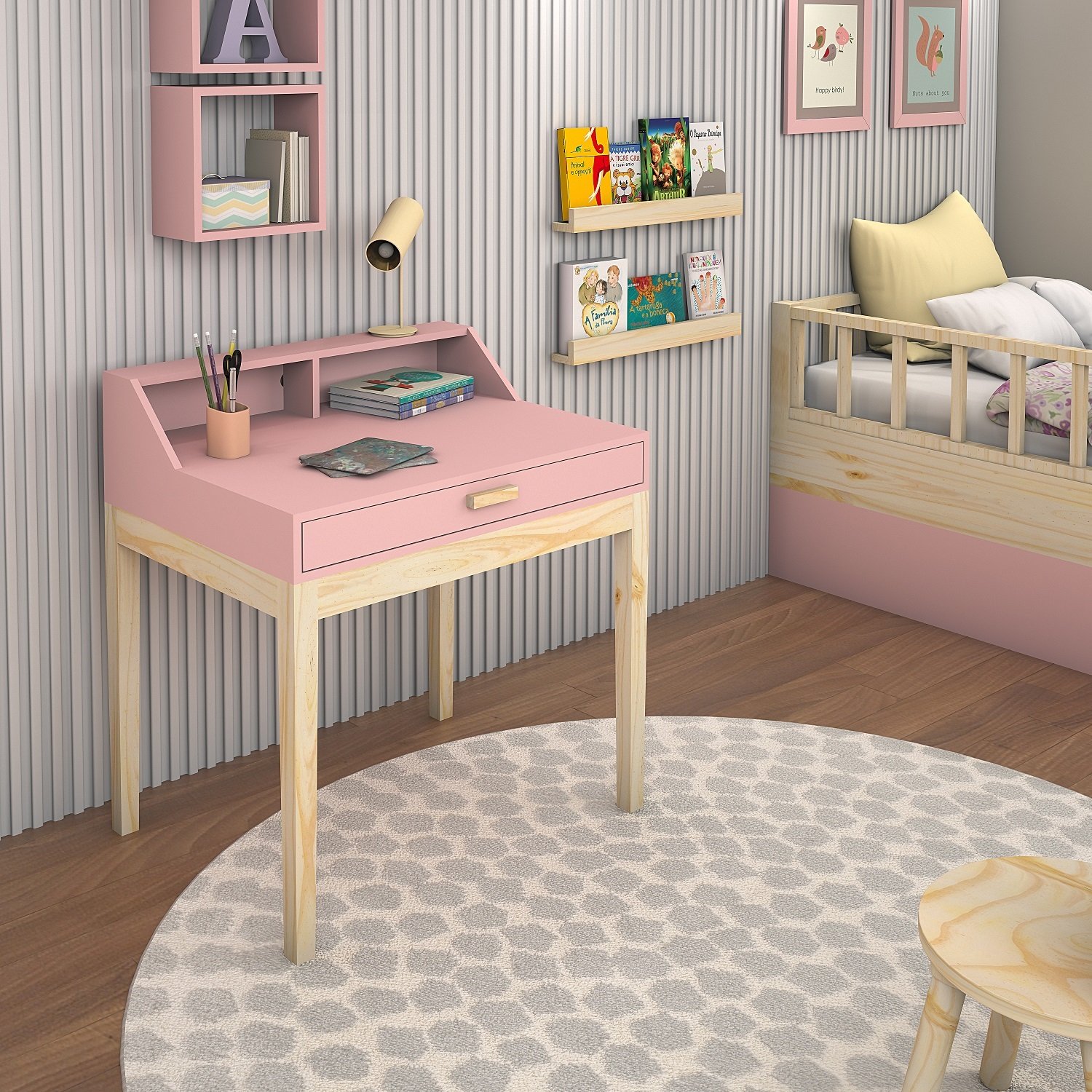 Mesa de Estudo Infantil Pés de Madeira Gaveta Nicho Mdf com Cadeira para Quarto:rosa - 2