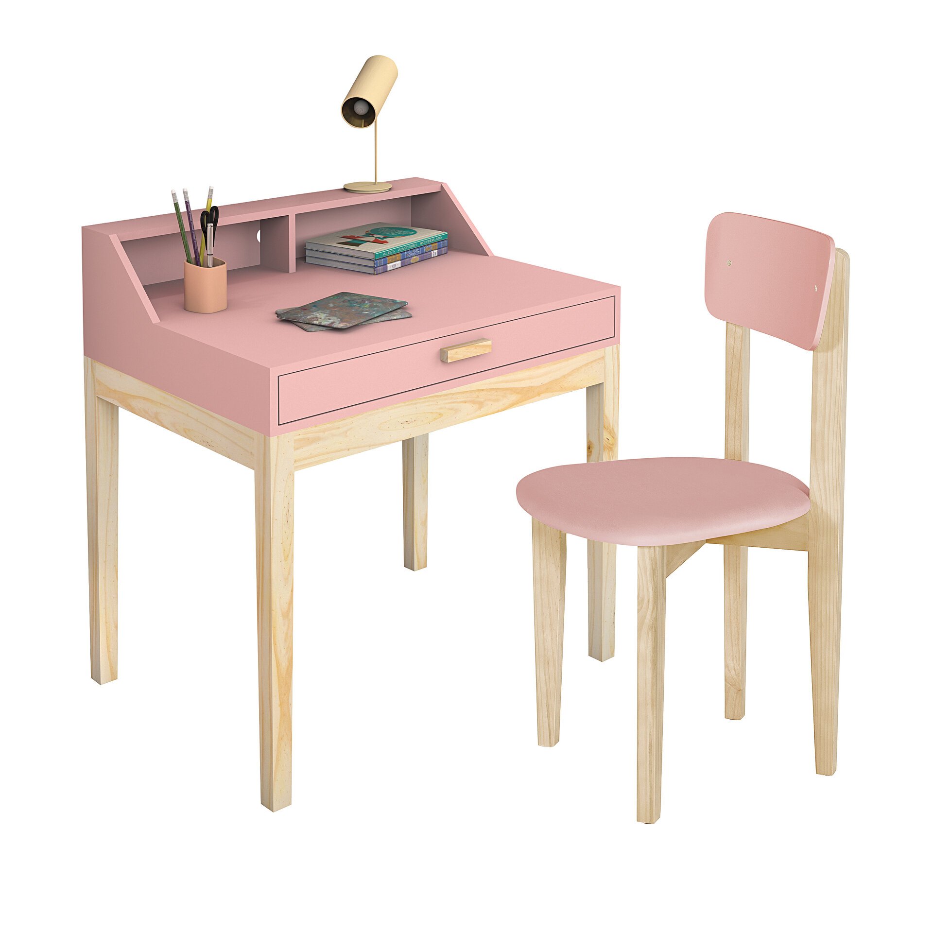 Mesa de Estudo Infantil Pés de Madeira Gaveta Nicho Mdf com Cadeira para Quarto:rosa