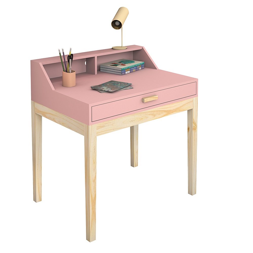 Mesa de Estudo Infantil Pés de Madeira Gaveta Nicho Mdf com Cadeira para Quarto:rosa - 4