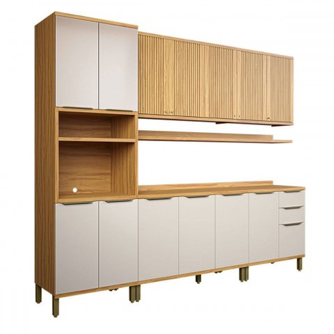 Armário de Cozinha com Balcão e Tampo 13 Portas 3 Gavetas Nice Fresado com Prateleira 100% Mdf Amênd