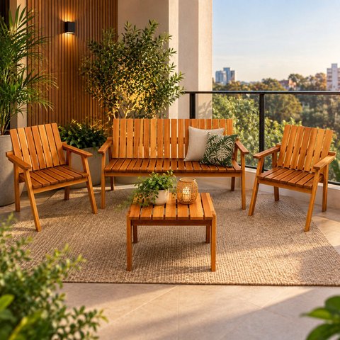 Conjunto Bancos Rústicos 3 Lugares, 2 Poltronas e Mesa de Apoio Jardim Madeira Maciça