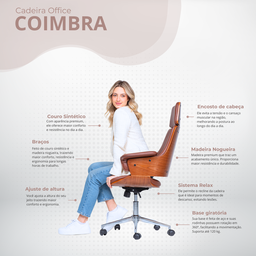 Cadeira Giratória Coimbra Rivatti em Madeira Poliuretano Marrom Base Rodizio Cromado - 3