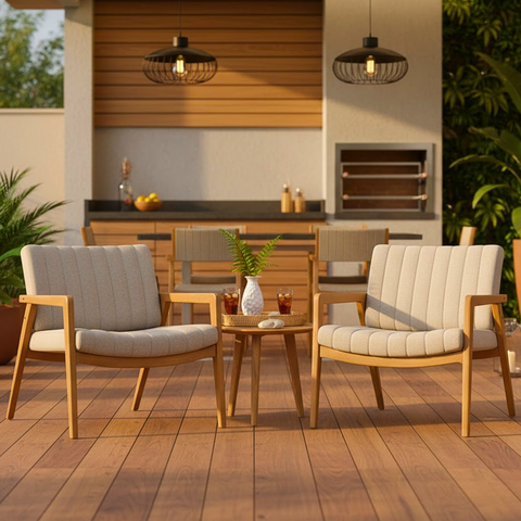 Conjunto 2 Poltronas Milano para Área ou Varanda Gourmet Estofada Pés em Madeira Maciça Decorativa S