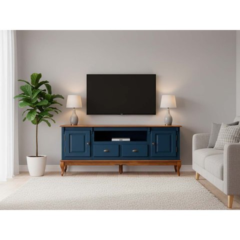 Rack Hanover 2 Portas 2 Gavetas + Nicho Pés Luis Xv 75 X 195 X 40 Cm (a X L X P) - Cor Azul/imbuia