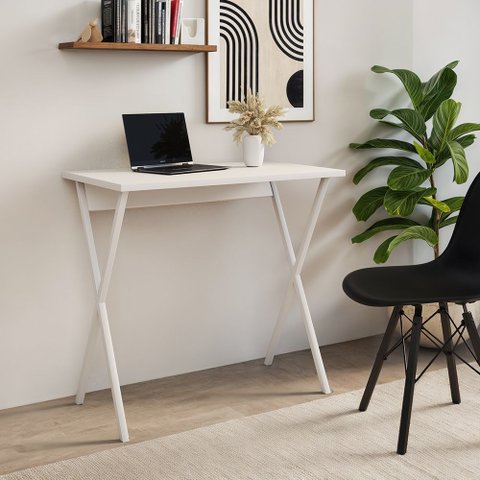 Mesa de Escritório X 90x53 para Trabalho e Estudo com Base em Ferro - Ferro Branco Tampo Branco