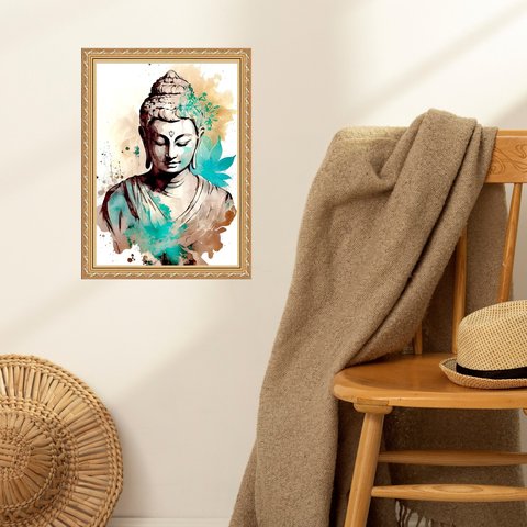 Quadro Moldura Dourada Aquarela Buda 24x18cm:com Vidro