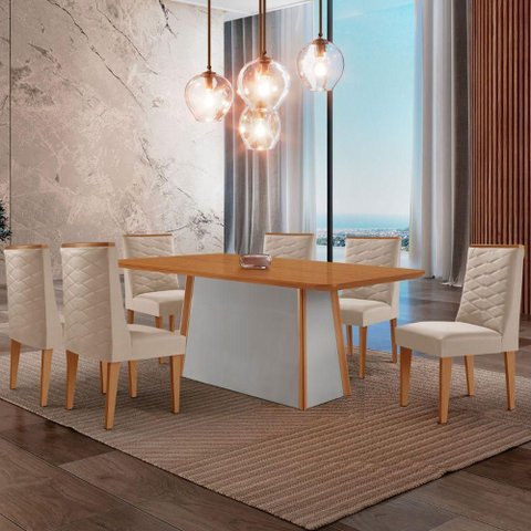Mesa de Jantar Diane 180cm Tampo MDF Lam 6 Cadeiras Safira Moderna Veludo Creme Naturale Off White