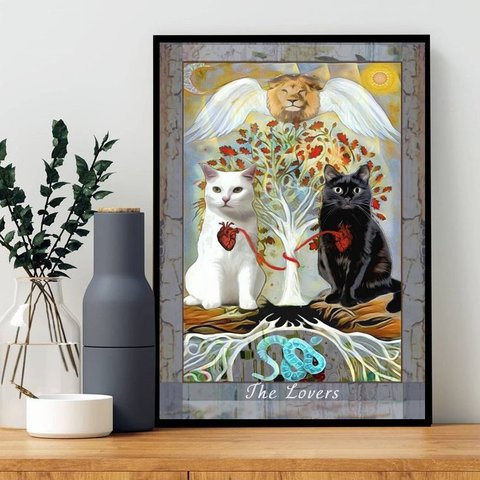 Quadro Carta Tarot Gato The Lovers 24x18cm:madeira Preta
