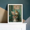 Ver imagem 1 de Quadro Perereca no Banheiro Lendo Jornal 45x34cm:madeira Branca
