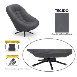 Poltrona Mônaco Giratória com Balanço Tecido Suede Veludo Cinza - 5