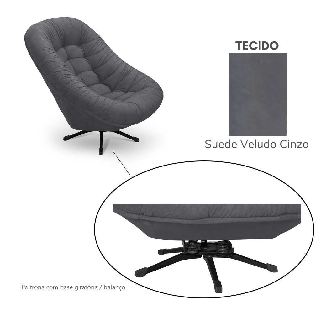 Poltrona Mônaco Giratória com Balanço Tecido Suede Veludo Cinza - 5