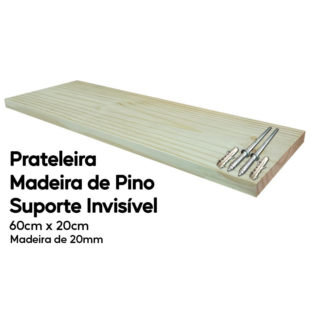 Prateleira Madeira de Pino 60x20 Suporte Invisível Arte na Arte Prateleira Madeira de Pino Suporte I - 2