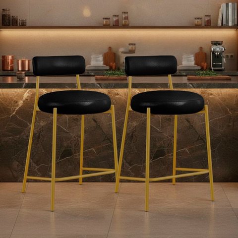 Banqueta Cozinha Média com Encosto Kit 2 Industrial Dourado Londres PU Facto D03 - D'Rossi