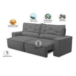Sofá Retrátil e Reclinável 3 lugares com Molas 2,00m Livia Suede Cinza Adonai Estofados - 2