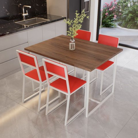 Conjunto Mesa de Jantar Retangular Imbuia 4 Cadeiras Estofado Riviera Industrial Branco