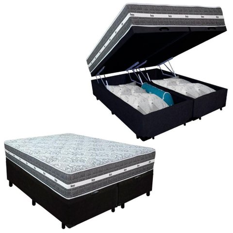 Cama Box Baú Casal Bipartido Suede + Colchão Anjos Black Graphite Molas Ensacadas 138x188x64cm