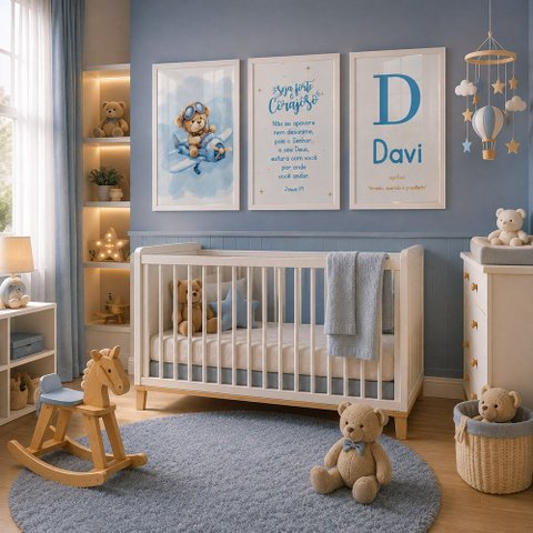 Kit Quadro Decorativo Infantil Ursinho Avião:20x30/Moldura Branca Vidro Acrílico