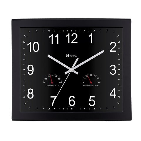 Relógio de Parede Retangular Higrômetro e Termômetro Preto Herweg 6906