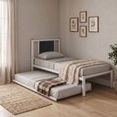 Ver imagem 1 de Cama Solteiro Bruna em Aço Industrial Branco com Auxiliar e Cabeceira Estofada Preto