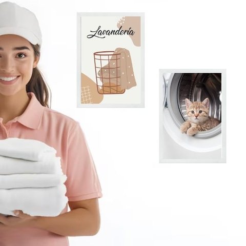 Kit 2 Quadros para Lavanderia - Gatinho 45x34cm - com Vidro:moldura Preta