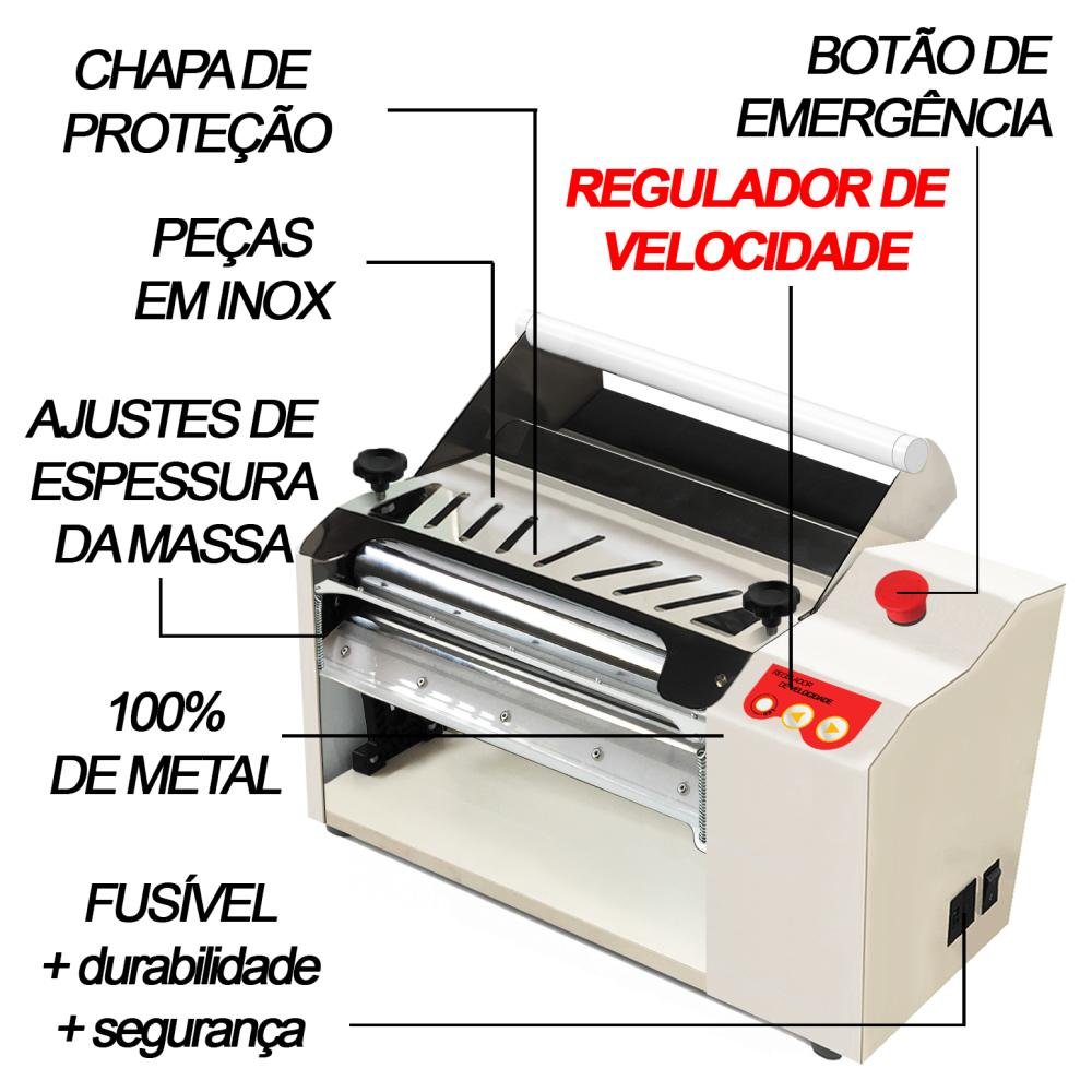 Cilindro Laminador de Massas Elétrico Pro Bivolt Regulador Velocidade Aço Carbono Inox Cozinha - 3