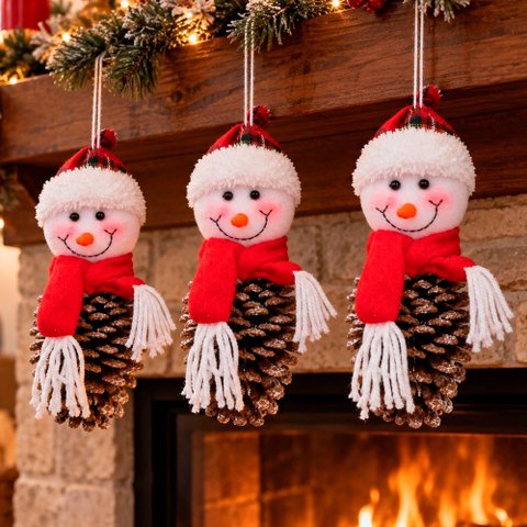 Pendente Boneco Neve Pinha Natural Enfeite Natalino Kit 4PÇS