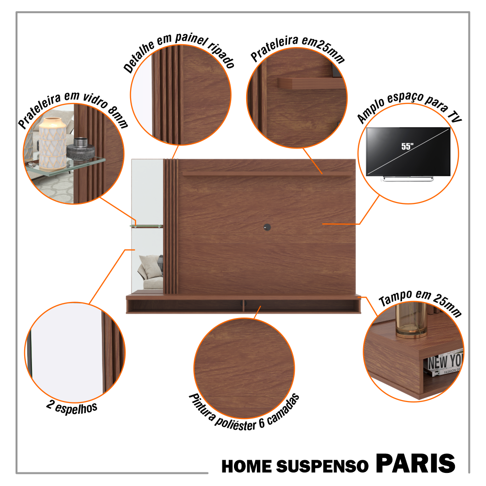 Painel Home Paris para Tv até 55 Polegadas Ripado com Espelho - 9