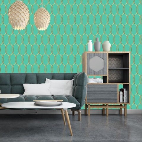 Papel De Parede Tiffany Blue Diamond Para Sala e Quarto Com Detalhes Gold