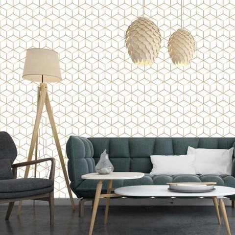 Papel De Parede Branco Diamond Gold Com Detalhes Amarelo Para Sala
