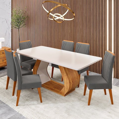 Conjunto Sala de Jantar 6 Lugares Retangular Tampo em MDF Midy Yescasa Cinza/Mel/Blonde