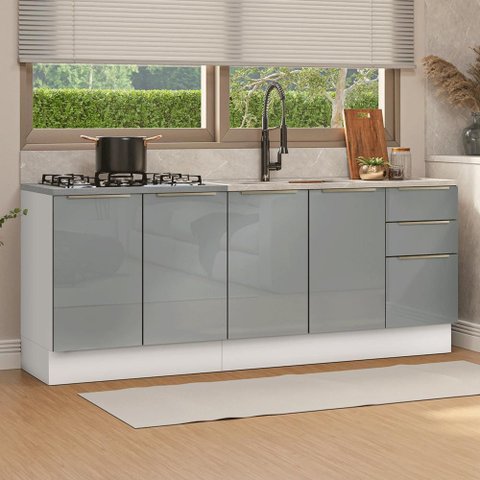 Armário de Cozinha Compacta 200 Cm Branco/cinza Lux Madesa 05