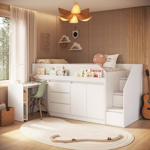 Cama Infanto Juvenil Estação de Trabalho com Balcão Cor Branco