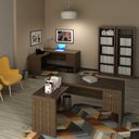 Ver imagem 2 de Kit P/ Escritório com 2 Mesas em L 6 Gavetas e 2 Estantes no Cor:nogal