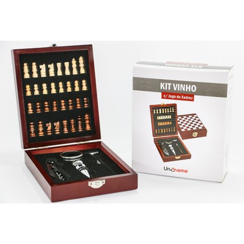 Kit Acessórios para Vinho 5 Peças Inox Caixa com Jogo Xadrez