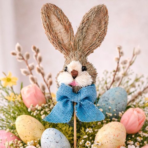 Decoração Pick Palito Cabeça Coelho Laço Enfeite Páscoa 50cm