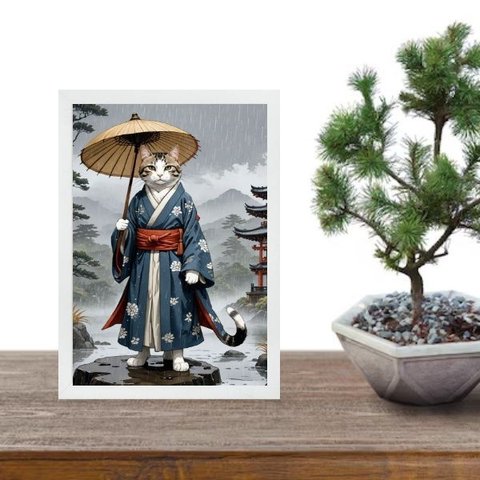 Quadro Arte Oriental Gato Samurai 33x24cm:moldura Branca