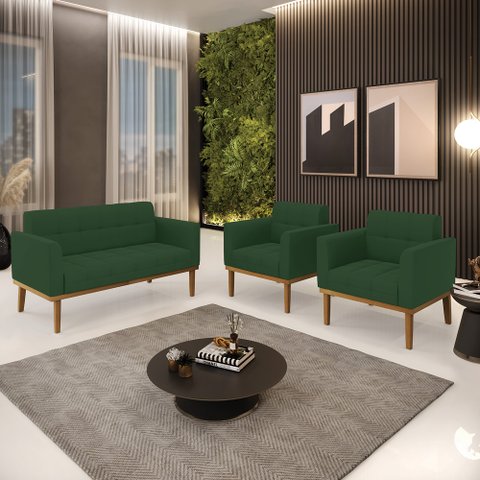 Conjunto 2 Poltronas e 1 Namoradeira Decorativa Karen Pés Fixo em Madeira Castanho Veludo Verde Esme