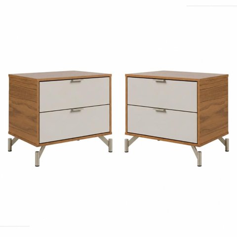 Conjunto de 2 Mesas de Cabeceira 2 Gavetas Glow - Canella com Off White Fosco
