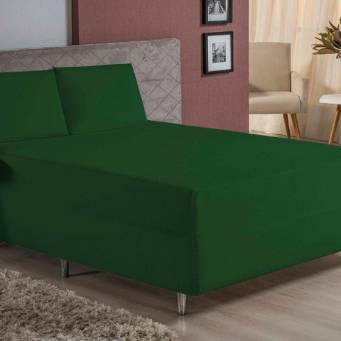 Jogo de Cama Casal Nobre 3 Peças Luva de Box 55cm de Altura Malha 100% Algodão - Verde-bandeira