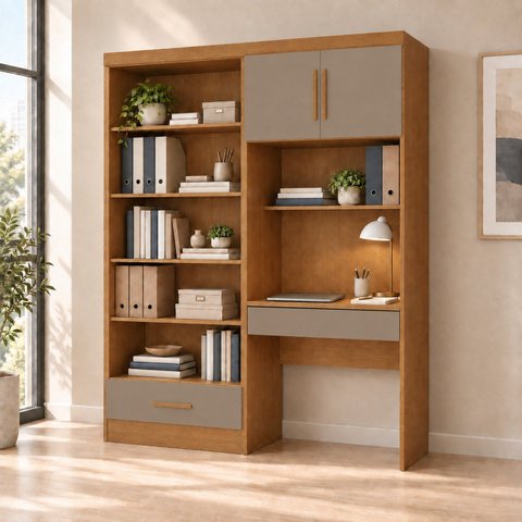 Conjunto Escrivaninha e Livreiro 2 Gavetas com Maleiro Yescasa