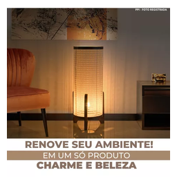 Abajur De Quarto Luminária De Piso Pés Madeira Cupula Tecido:Palha - 2