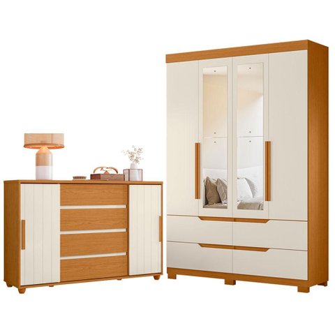 Guarda Roupa Solteiro Doble 04 Portas com Espelho e Cômoda Evidenza Cinamomo Off White Flex - Móveis