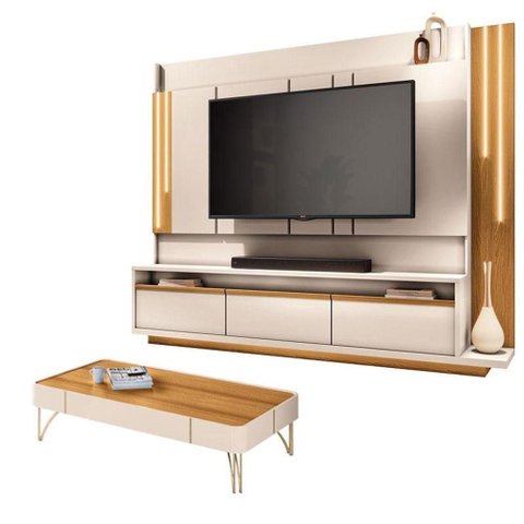 Estante Home Theater Montane e Mesa de Centro Cadenza Off White Cinamomo - Hb Móveis