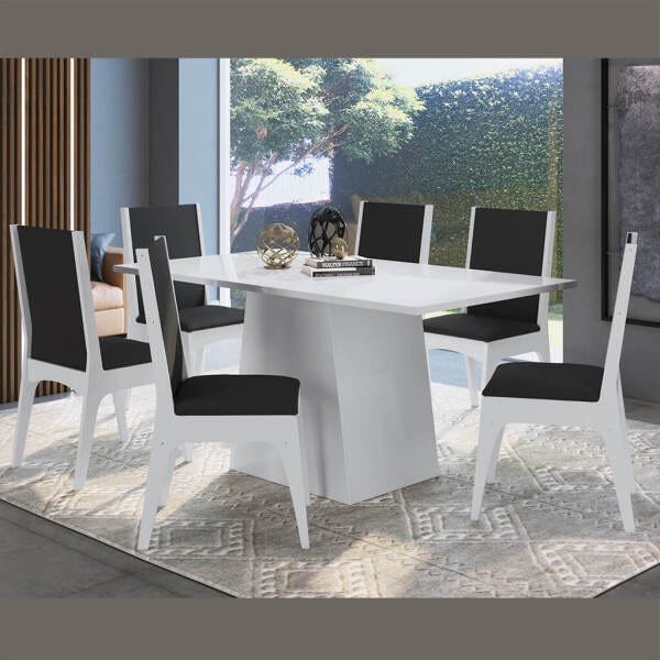 Conjunto Mesa com Base 6 Cadeiras MDF Branco Preto Lilies - 2