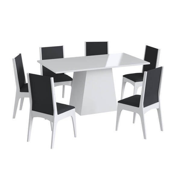 Conjunto Mesa com Base 6 Cadeiras MDF Branco Preto Lilies