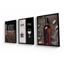 Quadros Decorativos Cafe e Vinho Área Gourmet Cozinha com Moldura e Vidro - 3