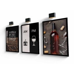 Quadros Decorativos Cafe e Vinho Área Gourmet Cozinha com Moldura e Vidro - 2