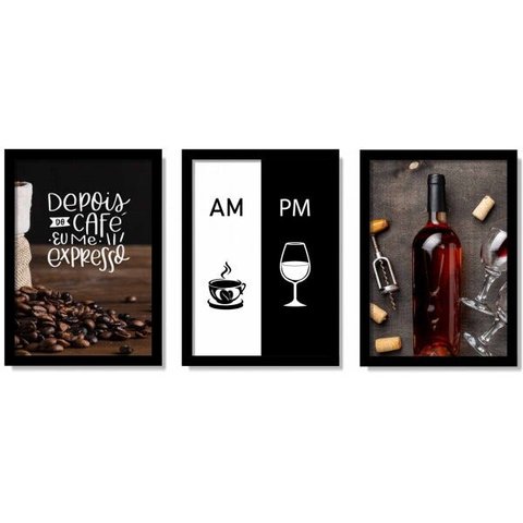 Quadros Decorativos Cafe e Vinho Área Gourmet Cozinha com Moldura e Vidro