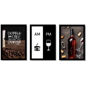 Quadros Decorativos Cafe e Vinho Área Gourmet Cozinha com Moldura e Vidro