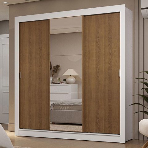 Guarda-roupa Casal 3 Portas de Correr com Espelho 2 Gavetas Branco/rustic Sublime Madesa Branco/